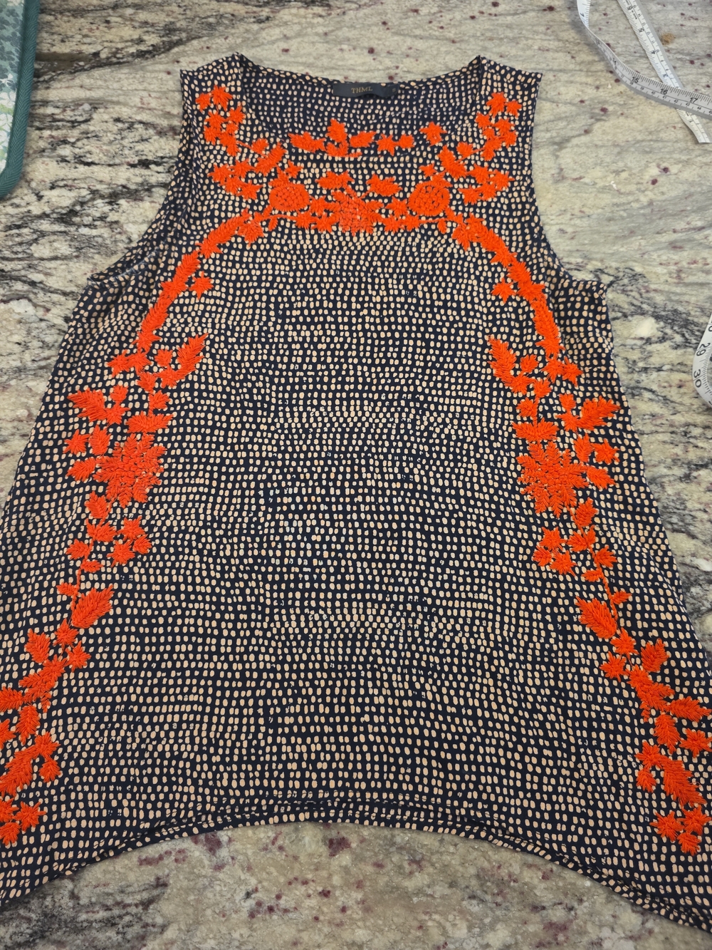 Navy & Cream Dot Tank with Bright Orange Floral Embroidery